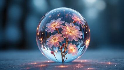 Delicate Blossoms Encased in a Crystal Orb with Soft Glow