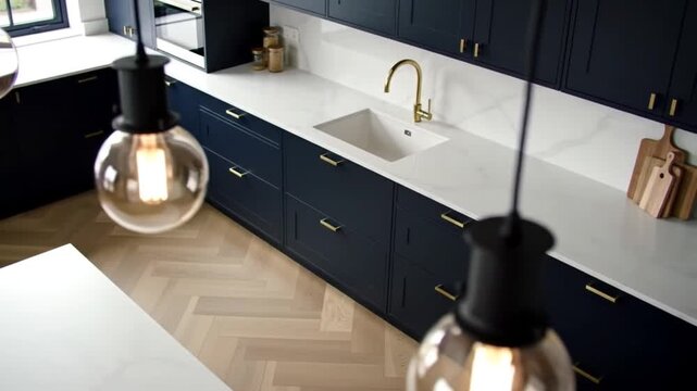 Overhead view of modern kitchen with dark blue cabinets lights