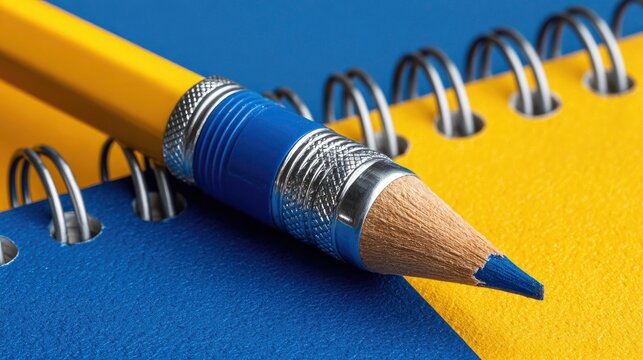 Close-up of yellow pencil with blue top on blue and yellow spiral notebook