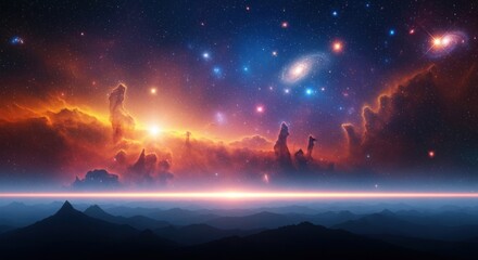 Obraz premium Cosmic Nebula Landscape with Mountains and Stars, Galaxy and Clouds, Space Exploration and Celestial Beauty
