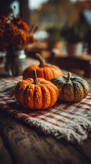 Autumn pumpkins on rustic wooden table