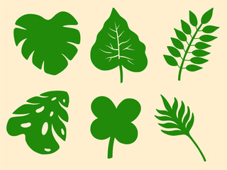 Set of tropical leaf silhouettes. Collection of simple green jungle and botanical plant icons, including monstera and palm leaves