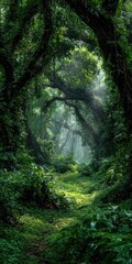 Lush green jungle path, sunlight dappled