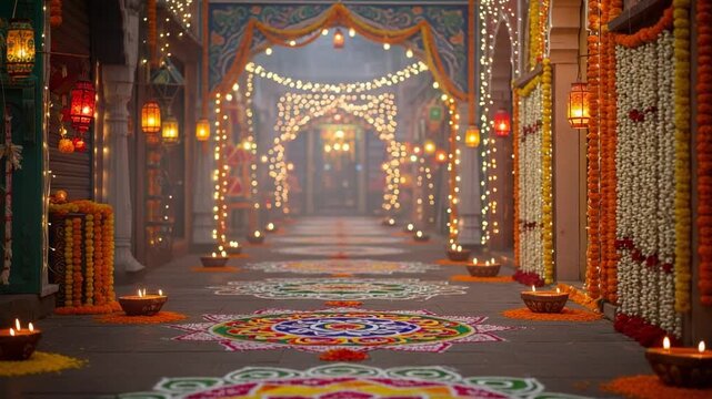 Festive Indian alleyway decorated for Diwali with glowing diyas, colorful rangoli, and marigold garlands. Hindu festival of lights celebration.