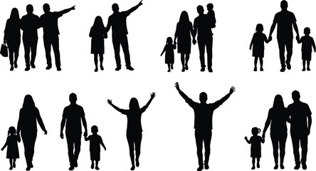 Silhouette of happy families, parents and children walking, pointing, holding hands, parenting, lifestyle, unity, love, bonding, relationship illustration