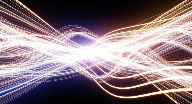 Glowing light trails with energy streams on dark background, representing connectivity, data transfer