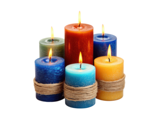 Group of colorful burning pillar candles with twine flames, Isolated, Png Transparent Background