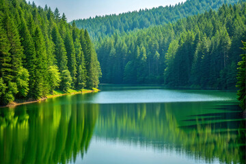 scenic view of lake surrounded by pine forest