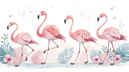 Fototapeta premium Watercolor painting of four pink flamingos with tropical leaves and flowers