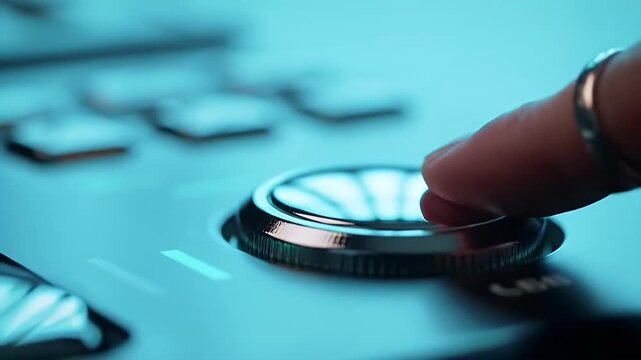 Finger Pressing Metallic Button on Control Panel Under Cool Blue Lighting A Macro Close Up