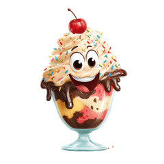 Naklejka premium Delightful cartoon ice cream sundae with a cherry on top in a glass dish surrounded by colorful sprinkles