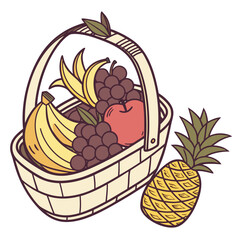 Fruit basket with bananas grapes apple and pineapple isolated on white background