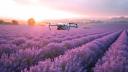 Aerial capture of a drone flying over a lavender field at dreamy sunset - Powered by Adobe
