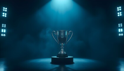 A gleaming silver trophy sits center stage, dramatically lit by a spotlight in a smoky, dark blue environment.