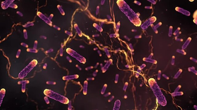3D animation of a colony of rod shaped bacteria or bacilli floating in a microscopic environment Scientific visualization of microorganisms and pathogenic infection