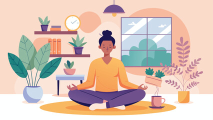 Fototapeta premium Young Person Meditating Indoors Surrounded by Houseplants – Relaxation and Mindfulness Concept