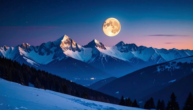 Snowy peaks under full moon