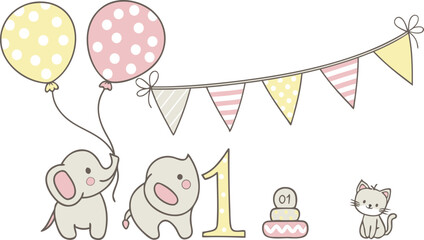 Illustration of a first birthday party with elephants balloons bunting cake and a cute cat drawing style