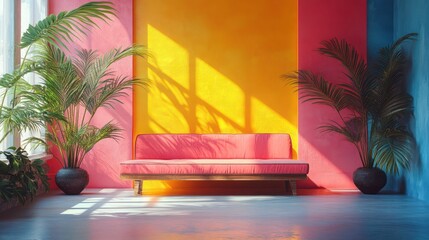 Vibrant and dreamy summer concept. Sun lounger, tropical leaves, and artistic geometric yellow and pink display