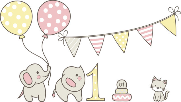 Illustration of a first birthday party with elephants balloons bunting cake and a cute cat drawing style - Powered by Adobe