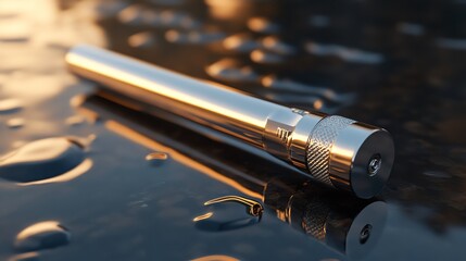 Metallic industrial barbell with flame engravings hovering over water ripples