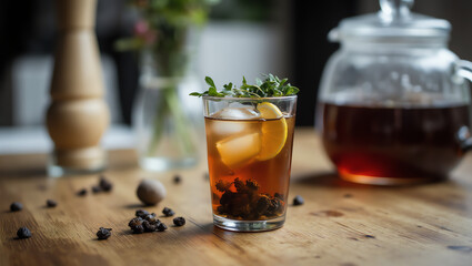 Fototapeta premium Functional Tea Shot with Botanical Garnishes – Herbal Wellness Beverage