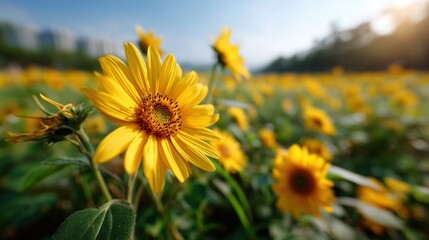 Obraz premium Vibrant sunflower blooms in a city park nature photography daylight