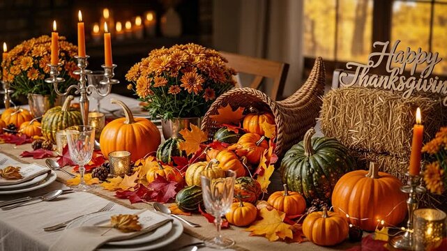 Happy Thanksgiving. Festive autumn table setting with pumpkins, cornucopia, and candles for a holiday dinner. Cozy home celebration.