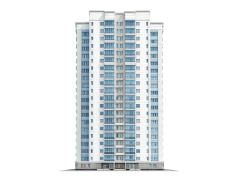 Tall white residential building with many blue windows image, Isolated, Png Transparent Background
