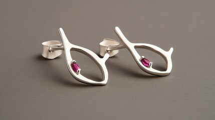 Silver earrings shaped like abstract vines with ruby tips