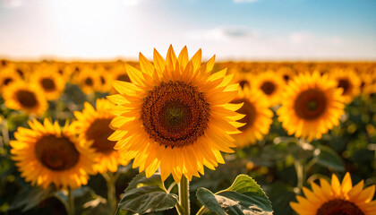 Fototapeta premium Close-up of a sunflower field in full bloom, golden yellow petals and textured brown center, blue sky in the background, cinematic composition, high resolution