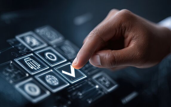 A hand touches a checkmark icon on a digital interface