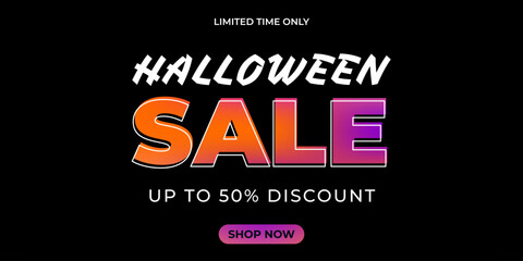 Bright Halloween sale banner with shiny gradient typography and glowing button. Modern horizontal layout for limited time promo with spooky style. Vector illustration