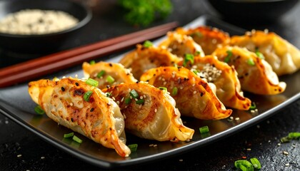 Fototapeta premium japanese fried gyoza dumplings, with meat, sesame seeds, green onions, 