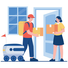 Obraz premium Bot Delivery Illustration. Vector illustration of A courier delivering a package to a customer with the help of a delivery robot for faster and smarter logistics. Isolated on background