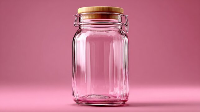 Empty clear glass jar with light brown wooden lid on pink background