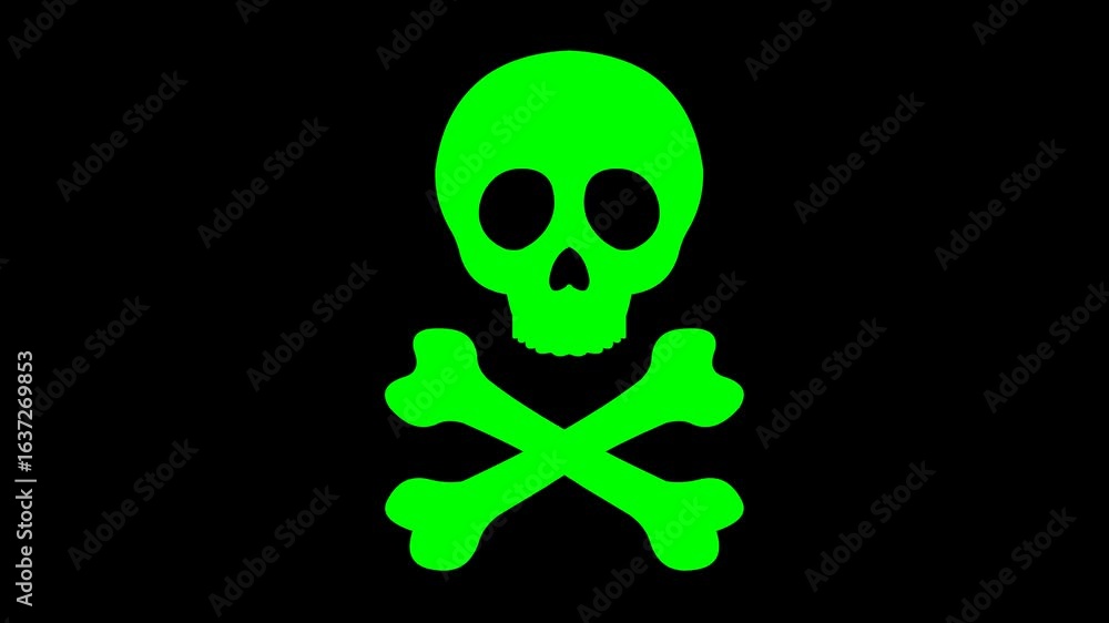 Poster video animation icon skull with crossbones changing red and green color in concept of death, toxic o
