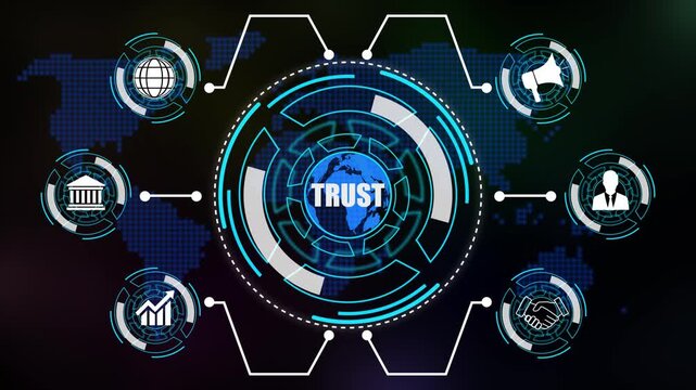 Business, Technology, Internet and network concept. Enterprise resource planning trust concept ,Abstract technology symbols on  Futuristic Technology AND world map Background.