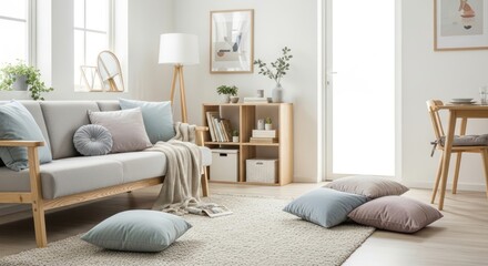 A bright and inviting living room featuring a comfortable sofa and floor cushions creating a cozy