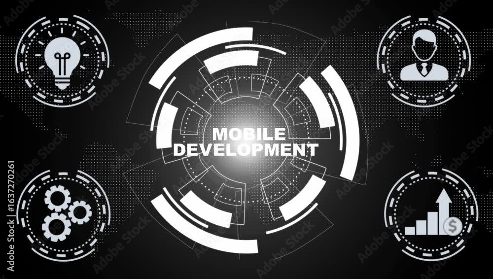 Poster mobile apps development on the virtual display. cloud technology concept.business, technology, inter