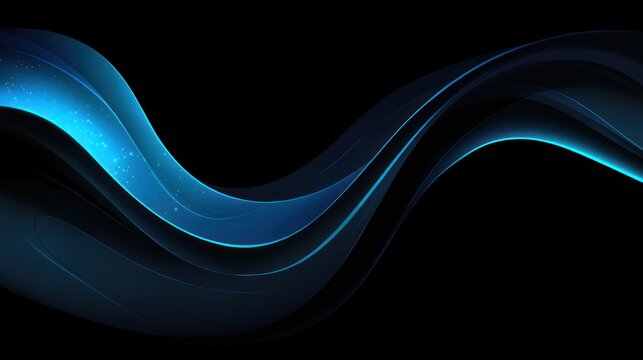 Abstract blue wavy lines flow elegantly across a stark black background