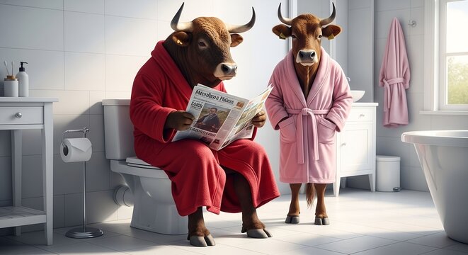 Cows relaxing in a bathroom reading a newspaper and enjoying a leisurely morning moment