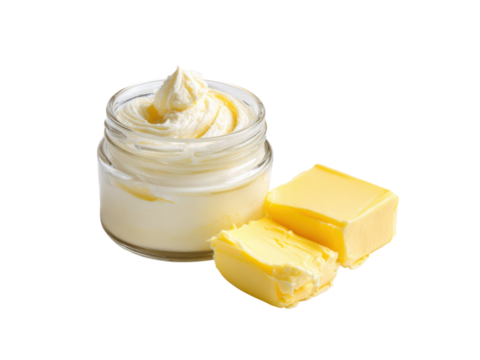 Creamy butter swirls in glass jar with golden yellow blocks dairy spread, Isolated, Png Transparent Background
