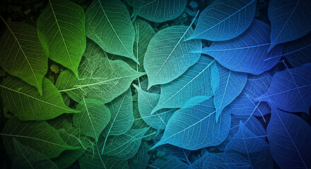 Artistic nature concept with a vibrant gradient of green and blue translucent skeleton leaves.