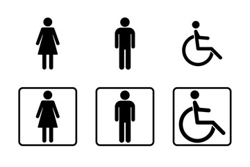 Solid People and Accessibility Icons for Public Signage, Restroom WC Wheelchair Male Female