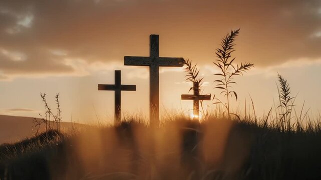 Three crosses stand on a grassy hill during a serene sunset, symbolizing faith and hope