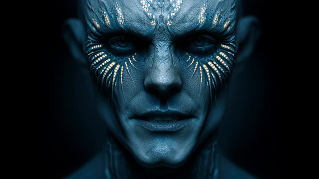 Human alien face glowing pattern closeup dark background intense mysterious expression blue textured skin detailed closeup
