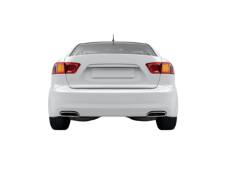 White sedan rear view with amber taillights and chrome exhaust image, Isolated, Png Transparent Background