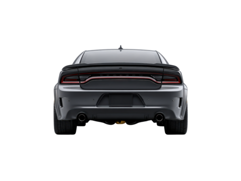 Sleek grey sports car rear view with black accents automobile vehicle, Isolated, Png Transparent Background