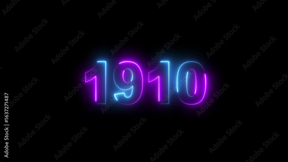 Poster glowing neon 1910 neon line text. abstract 1910 neon text animation ,for neon color glowing neon num